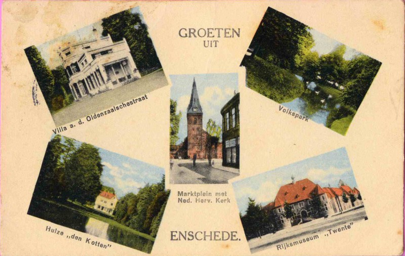 Groeten uit Enschede 1930. villa Oldenzaalsestraat. Volkspark. Marktplein met N.H. Kerk. Huize den Kotten. Rijksmuseum.jpg