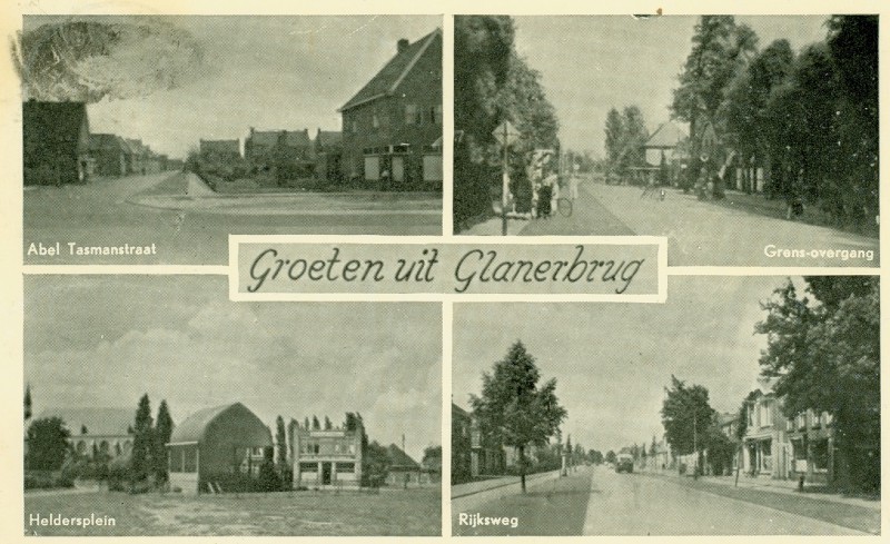 Rijksweg nu Gronausestraat Groeten uit Glanerbrug. Abel Tasmanstraat, Grensovergang, Heldersplein, Rijksweg 1953.jpg