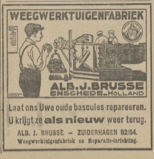 Zuiderhagen 82-84 Weegwerktuigenfabriek Alb.J. Brusse Advertentie. Twentsch dagblad Tubantia en Enschedesche courant. Enschede, 24-03-1919..jpg