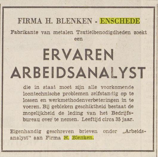 H. Blenken N.V. Advertentie. Het vrĳe volk  democratisch-socialistisch dagblad. Rotterdam, 28-02-1953..jpg