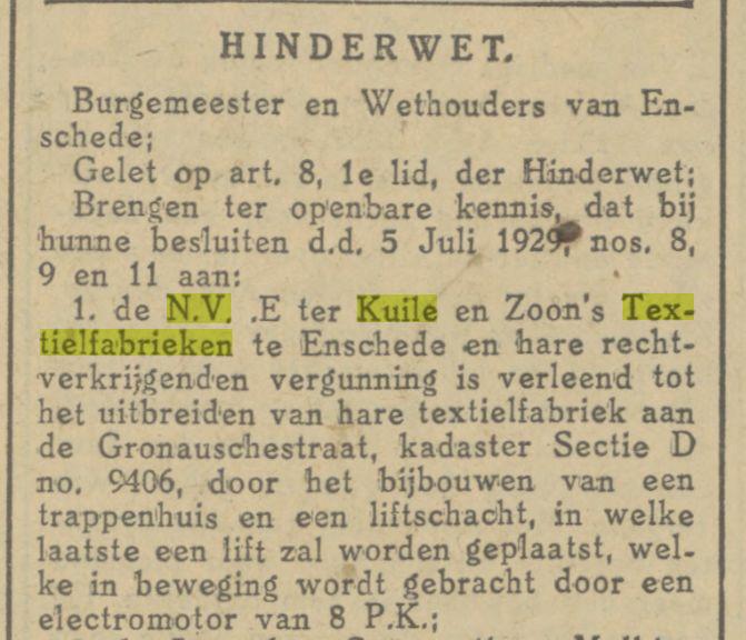 Gronausestraat N.V. E. ter Kuile en Zoon's Textielfabrieken Twentsch dagblad Tubantia en Enschedesche courant. Enschede, 10-07-1929..jpg