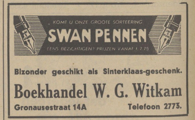 Gronausestraat 14A Boekhandel W.G. Witkam Advertentie. Twentsch dagblad Tubantia en Enschedesche courant. Enschede, 01-12-1939.jpg