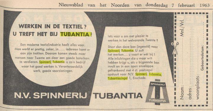 Tubantiasingel 1 N.V. Spinnerij Tubantia Advertentie. Nieuwsblad van het Noorden. Groningen, 07-02-1963.jpg