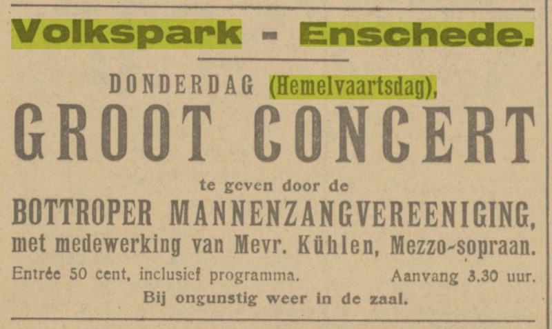 Volkspark Hemelvaartsdag Advertentie. Twentsch dagblad Tubantia en Enschedesche courant. Enschede, 08-05-1923.jpg