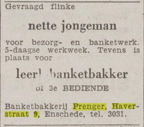 Haverstraat 9 Banketbakkerij Prenger Advertentie. Het vrĳe volk  democratisch-socialistisch dagblad. Rotterdam, 18-01-1964..jpg
