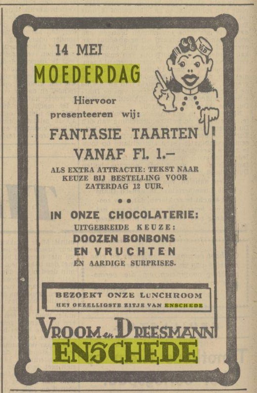 Vroom en Dreesmann Enschede moederdag Advertentie. Twentsch dagblad Tubantia en Enschedesche courant. Enschede, 12-05-1939..jpg