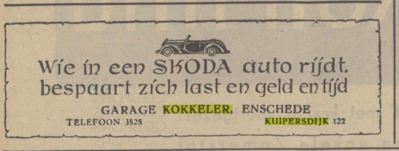 Kuipersdijk 122 Garage Kokkeler SKODA. Twentsch dagblad Tubantia en Enschedesche courant. Enschede, 30-07-1938.jpg