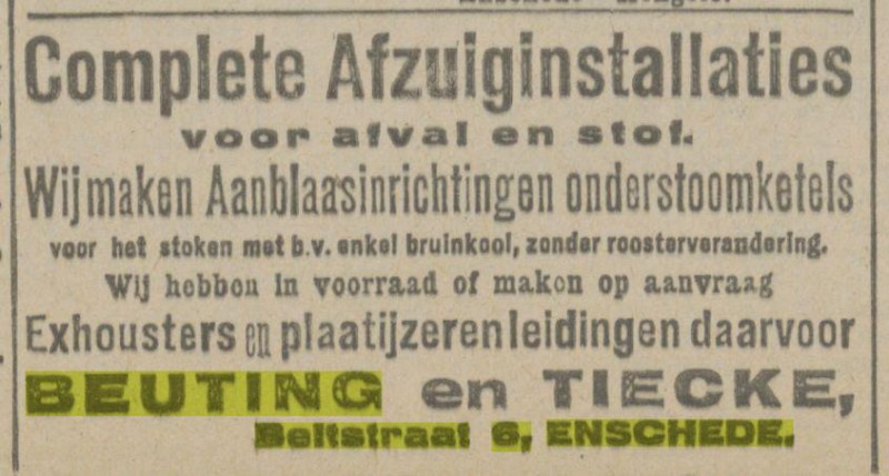 Beltstraat 6 Beuting en Tiecke Advertentie. Twentsch dagblad Tubantia en Enschedesche courant. Enschede, 26-05-1919.jpg