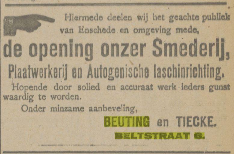 Beltstraat 6 Beuting en Tiecke Advertentie. Twentsch dagblad Tubantia en Enschedesche courant. Enschede, 23-05-1919.jpg