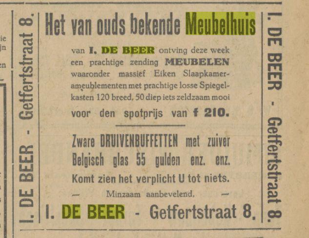 Getfertstraat 8 (later C.F. Klaarstraat) Meubelhuis I. de Beer Advertentie. Twentsch dagblad Tubantia en Enschedesche courant. Enschede, 20-04-1927..jpg