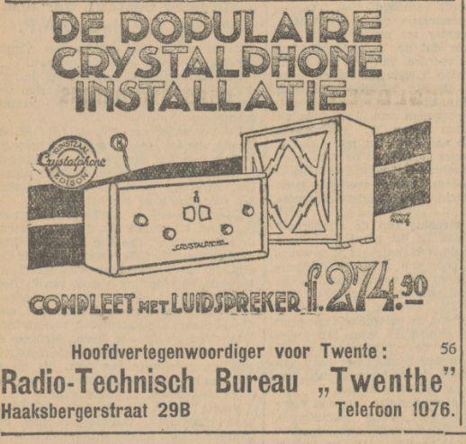 Haaksbergerstraat 29B Radio-Technisch Bureau Twenthe Advertentie. Twentsch dagblad Tubantia en Enschedesche courant. Enschede, 16-12-1929..jpg