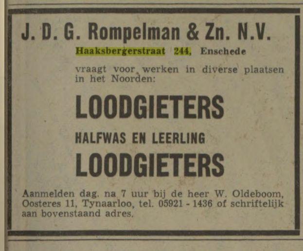 Haaksbergerstraat 244 J.D.G. Rompelman & Zn. N.V. Advertentie. Nieuwsblad van het Noorden. Groningen, 06-03-1970.jpg