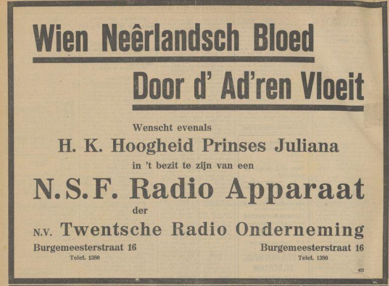 Burgemeesterstraat 16 Twentsche Radio Onderneming Advertentie. Twentsch dagblad Tubantia en Enschedesche courant. Enschede, 31-08-1929.jpg