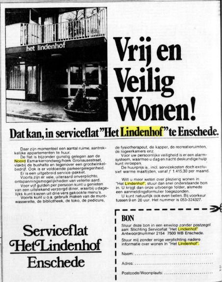 Serviceflat Het Lindenhof Advertentie. De Telegraaf. Amsterdam, 24-04-1982.jpg