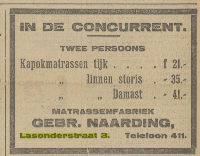 Lasonderstraat 3 Matrassenfabriek Gebr. Naarding Advertentie. Twentsch dagblad Tubantia en Enschedesche courant. Enschede, 04-08-1922..jpg
