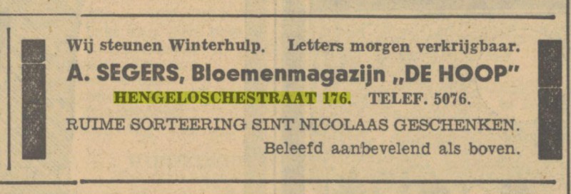 Hengelosestraat 176 A. Segers Bloemenmagazijn De Hoop Advertentie. Twentsch dagblad Tubantia en Enschedesche courant. Enschede, 24-11-1933..jpg