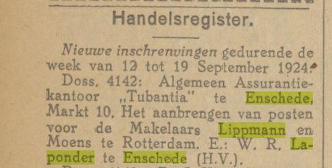 Lippmann en Moens W.R. Laponder Handelsregister.. Twentsch dagblad Tubantia en Enschedesche courant. Enschede, 20-09-1924.jpg