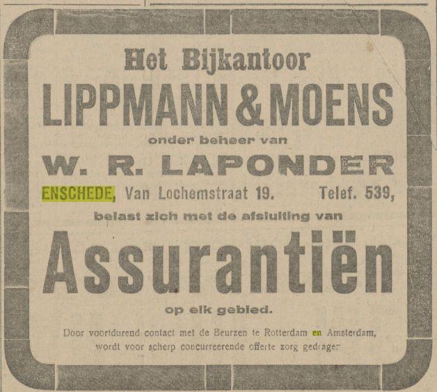 van Lochemstraat 19 bijkantoor Lippmann & Moens onder beheer W.R. Laponder Advertentie. Twentsch dagblad Tubantia en Enschedesche courant. Enschede, 26-08-1919.jpg