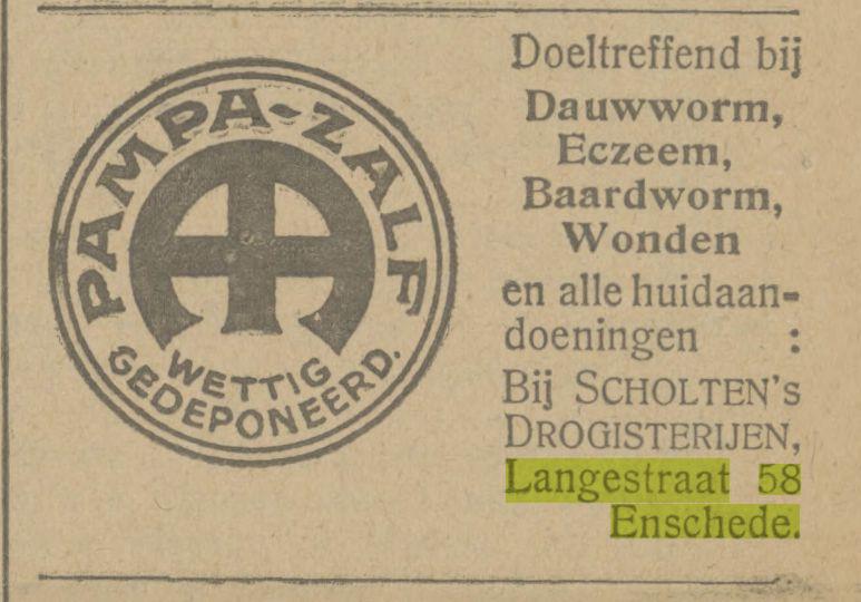 Langestraat 58 Scholten's Drogisterijen Advertentie. Twentsch dagblad Tubantia en Enschedesche courant. Enschede, 30-06-1922.jpg
