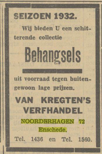 Noorderhagen 72 Van Kregten's Verfhandel Advertentie. Twentsch dagblad Tubantia en Enschedesche courant. Enschede, 14-03-1932.jpg