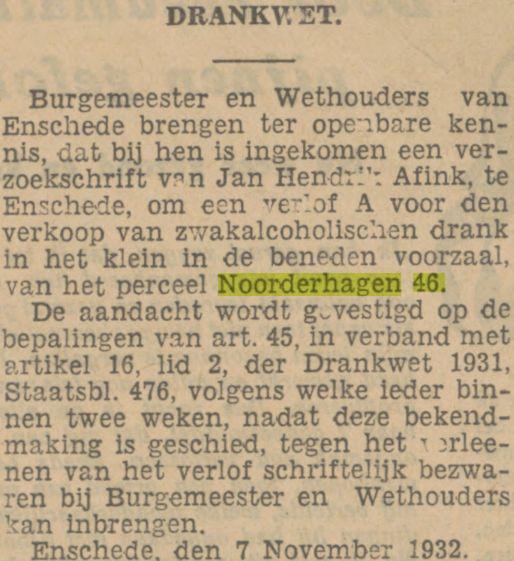 Noorderhagen 46 J.H. Afink Twentsch dagblad Tubantia en Enschedesche courant. Enschede, 07-11-1932..jpg