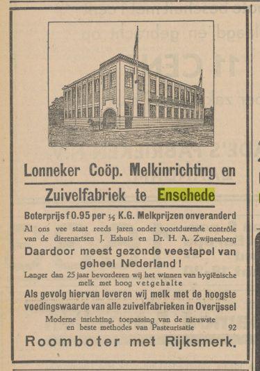 Deurningerstraat Lonneker Coöp. Melkinrichting en Zuivelfabriek Advertentie. Twentsch dagblad Tubantia en Enschedesche courant. Enschede, 11-08-1930.jpg