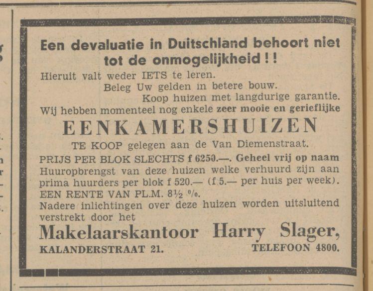 Kalanderstraat 21 Makelaarskantoor Harry Slager. Advertentie. Twentsch dagblad Tubantia en Enschedesche courant. Enschede, 30-03-1936.jpg