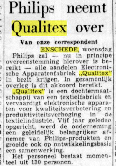 Philips neemt Qualitex over. De Telegraaf. Amsterdam, 12-04-1961.jpg