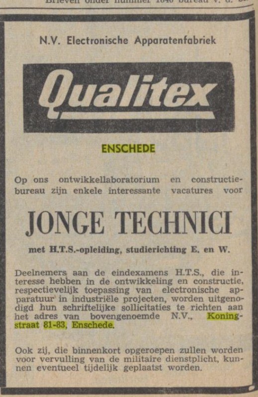 Koningstraat 81-83 N.V. Electronische Apparatenfabriek Qualitex Advertentie. Nieuwsblad van het Noorden. Groningen, 15-06-1962.jpg