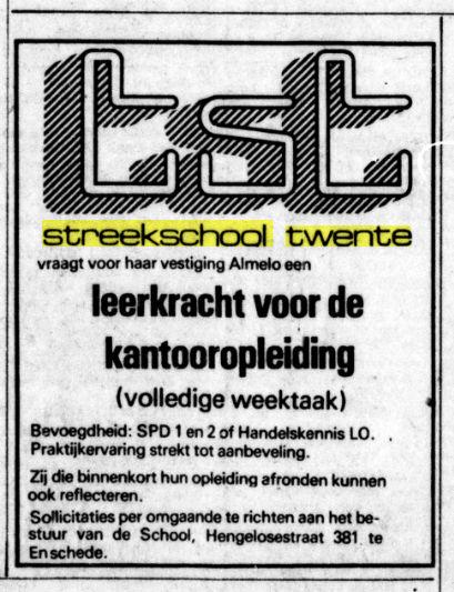 Hengelosestraat 381 TST Streekschool Twente Advertentie. De Telegraaf. Amsterdam, 20-08-1977..jpg