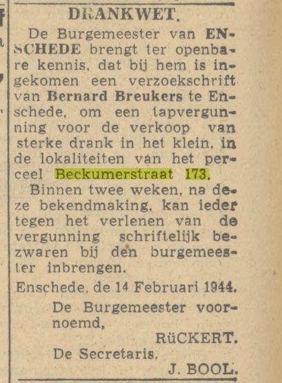 Beckumerstraat 173 B. Breukers Advertentie. Twentsch nieuwsblad. Enschede, 14-02-1944.jpg