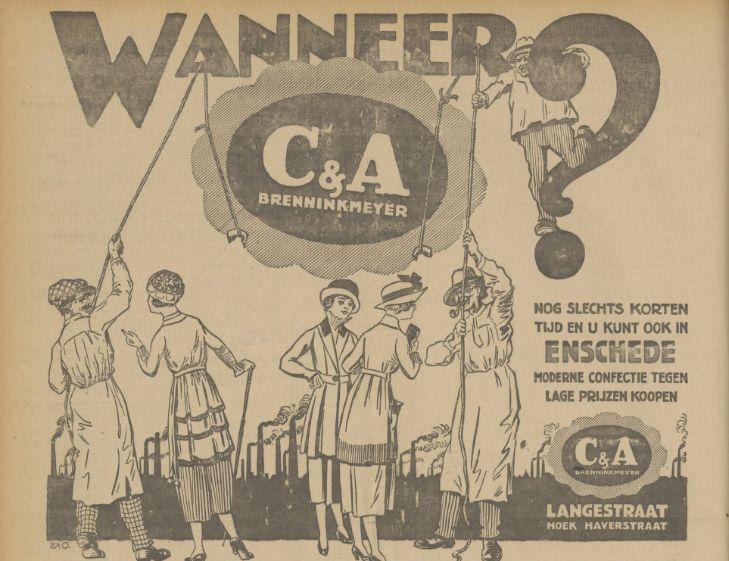Langestraat hoek Haverstraat C & A Brenninkmeijer Advertentie. Twentsch dagblad Tubantia en Enschedesche courant. Enschede, 11-09-1920..jpg