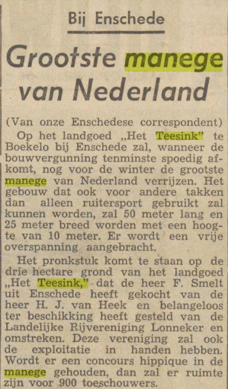 Boekelo Het Teesink Bij Enschede Grootste manege van Nederland. Nieuwsblad van het Noorden. Groningen, 18-10-1962.jpg