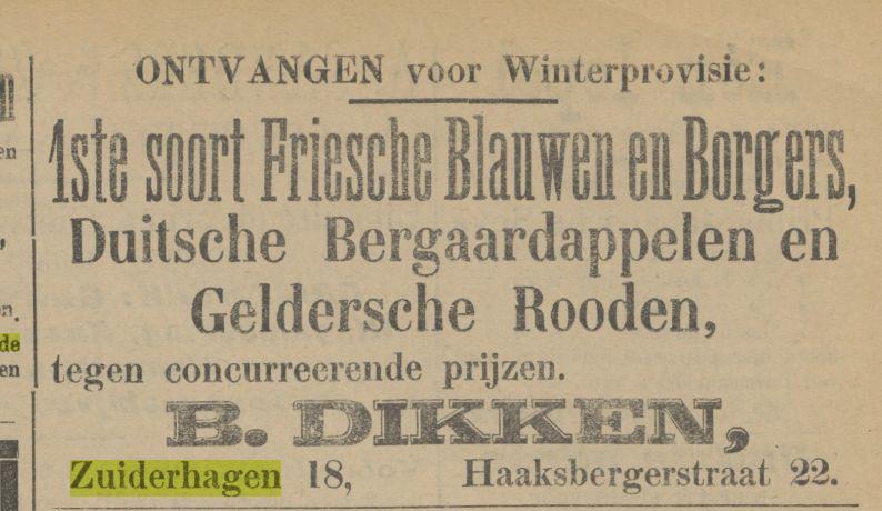 Zuiderhagen 18 B. Dikken Advertentie. Tubantia. Enschede, 06-11-1909.jpg