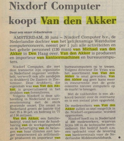 Nixdorf Computer koopt Van den Akker. NRC Handelsblad. Rotterdam, 30-06-1978.jpg