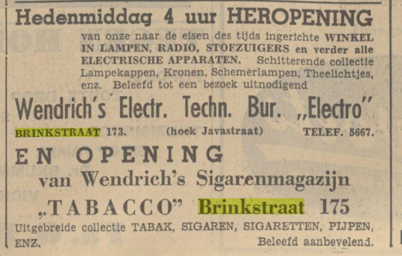 Brinkstraat 173 Wendrich electro Brinkstraat 175 Wendrich Sigarenmagazijn advertentie Twentsch dagblad Tubantia en Enschedesche courant. Enschede, 31-10-1936.jpg