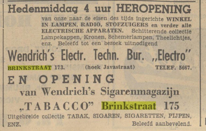 Brinkstraat 173 Wendrich electro Brinkstraat 175 Wendrich Sigarenmagazijn advertentie Twentsch dagblad Tubantia en Enschedesche courant. Enschede, 31-10-1936.jpg