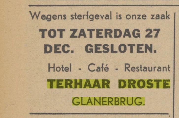 Glanerbrug restaurant terhaar droste Advertentie. Twentsch dagblad Tubantia en Enschedesche courant. Enschede, 18-12-1941.jpg