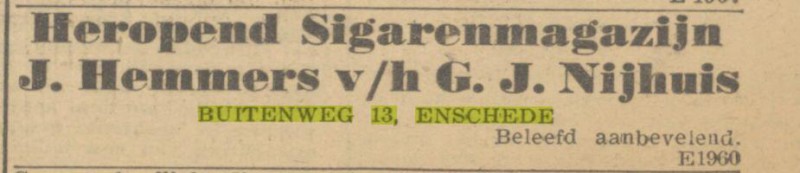 Buitenweg 13 sigarenmagazijn J. Hemmers vh G.J. Nijhuis Advertentie. Trouw. Enschede, 28-09-1945.jpg