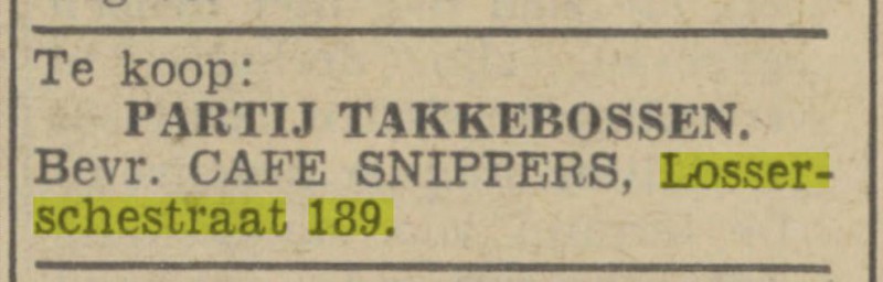 Lossersestraat 189 cafe Snippers Advertentie. Twentsch dagblad Tubantia en Enschedesche courant. Enschede, 15-02-1941.jpg