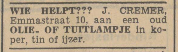 Emmastraat 10 J. Cremer advertentie Tubantia 13-7-1940.jpg