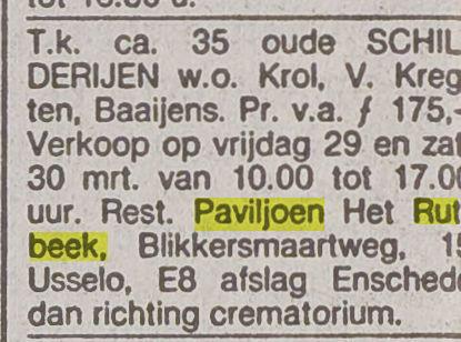 Blikkersmaatweg 15 Usselo Paviljoen Het Rutbeek Advertentie. Het vrĳe volk  democratisch-socialistisch dagblad. Rotterdam, 29-03-1985.jpg