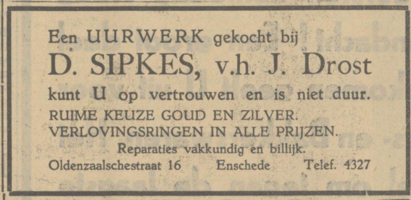 Oldenzaalsestraat 16 D. Sipkes v.h. J. Dost uurwerken advertentie Tubantia 21-3-1934.jpg