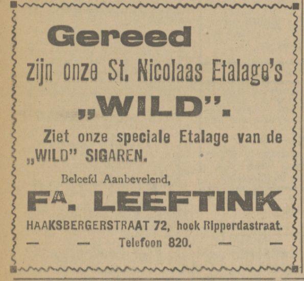 Haaksbergerstraat 72 hoek Ripperdastraat Fa. Leeftink sigaren advertentie Tubantia 26-11-1920.jpg