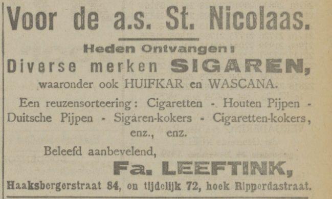 Haaksbergerstraat 84 en tijdelijk 72 hoek Ripperdastraat Fa Leeftink sigaren advertentie Tubantia 27-11-1919.jpg