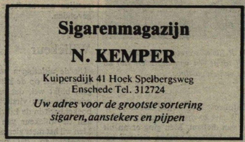 Kuipersdijk 41 hoek Spelbergsweg sigarenmagazijn N. Kemper advertentie 26-10-1977.jpg