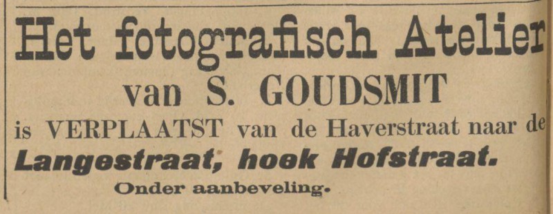 Langestraat hoek Hofstraat S. Goudsmit Fotografisch atelier advertentie Tubantia 24-5-1902.jpg