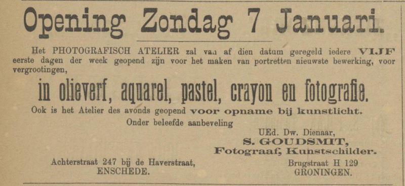 Achterstraat 247 bij de Haverstraat S. Goudsmit Fotograaf Kunstschilder advertentie Tubantia 13-1-1894.jpg