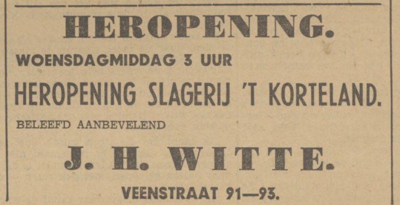 Veenstraat 91-93 slagerij 't Korteland J.H. Witte advertentie Tubantia 7-4-1942.jpg