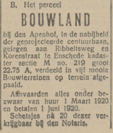 Apenhof Korenstraat krantenbericht Tubantia 24-1-1920.jpg